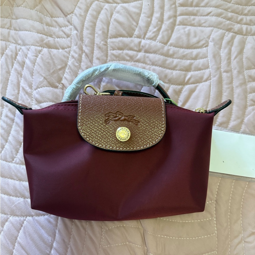 Longchamp Burgundy Nylon Mini Tote with Brown Leather Flap